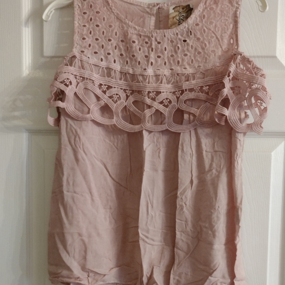 3/$21 Pink Blush Cotton Top eyelet fabric crochet-style lace off-the-shoulder